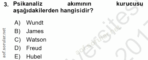 3. soru: Psikanaliz akımının kurucusu aşağıdakilerden hangisidir? A) Wundt B) James Watson D) Freud E) Hubel