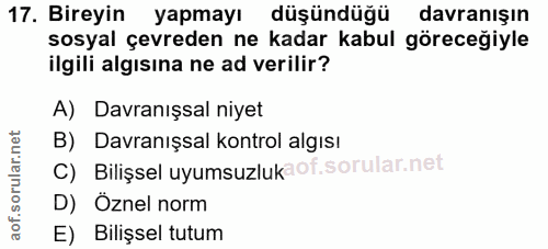 17. soru: Bireyin yapmayı düşündüğü davranışın sosyal çevreden ne kadar kabul göreceğiyle ilgili algisina ne ad verilir? A) Dav…