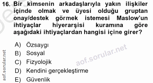 16. soru: Bir kimsenin arkadaşlarıyla yakın ilişkiler içinde olmak ve üyesi olduğu gruptan onay/destek görmek istemesi Maslow'u…