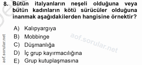 8. soru: Bütün italyanların neşeli olduğuna veya bütün kadınların kötü sürücüler olduğuna inanmak aşağıdakilerden hangisine ör…