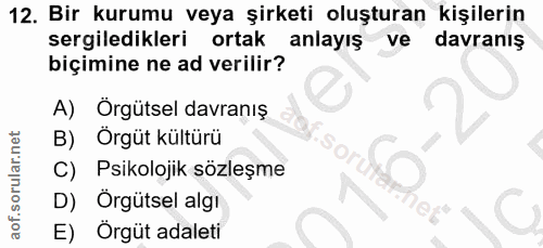 12. soru: Bir kurumu veya şirketi oluşturan kişilerin sergiledikleri ortak anlayış ve davranış biçimine ne ad verilir? A) Örgüt…