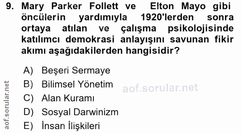 9. soru: Mary Parker Follett ve Elton Mayo gibi öncülerin yardımıyla 1920'lerden sonra ortaya atılan ve çalışma psikolojisinde…