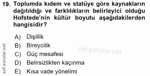 19. soru: Toplumda kıdem ve statüye göre kaynakların dağıtıldığı ve farklılıkların belirleyici olduğu Hofstede'nin kültür boyut…