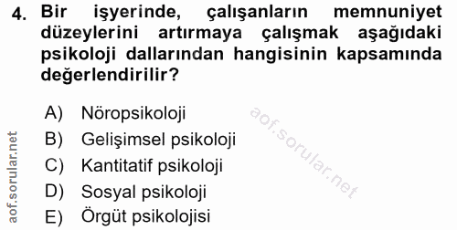 4. soru: Bir işyerinde, çalışanların memnuniyet düzeylerini artırmaya çalışmak aşağıdaki psikoloji dallarından hangisinin kaps…