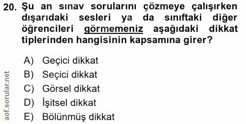 20. soru: Şu an sınav sorularını çözmeye çalışırken dışarıdaki sesleri ya da sınıftaki diğer öğrencileri görmemeniz aşağıdaki d…