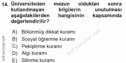 14. soru: Üniversiteden mezun olduktan sonra kullanılmayan bilgilerin unutulması aşağıdakilerden hangisinin kapsamında değerlen…
