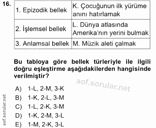 16. soru: K. Çocuğunun ilk yürüme 1. Epizodik bellek anını hatırlamak 2. İşlemsel bellek L. Dünya atlasında Amerika'nın yerini…