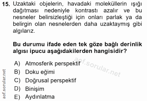 15. soru: Uzaktaki objelerin, havadaki moleküllerin ışığı dağıtması nedeniyle kontrastı azalır ve bu nesneler belirsizleştiği i…