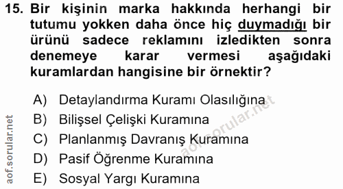 15. soru: Bir kişinin marka hakkında herhangi bir tutumu yokken daha önce hiç duymadığı bir ürünü sadece reklamını izledikten s…