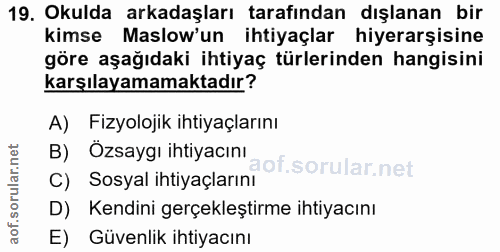 19. soru: Okulda arkadaşları tarafından dışlanan bir kimse Maslow'un ihtiyaçlar hiyerarşisine göre aşağıdaki ihtiyaç türlerinde…