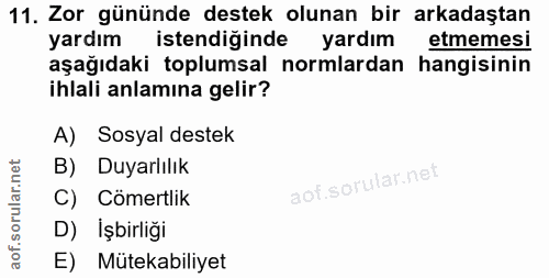 11. soru: Zor gününde destek olunan bir arkadaştan yardım istendiginde yardım etmemesi aşağıdaki toplumsal normlardan hangisini…