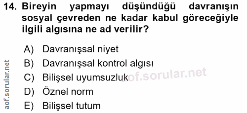 14. soru: Bireyin yapmayı düşündüğü davranışın sosyal çevreden ne kadar kabul göreceğiyle ilgili algisina ne ad verilir? A) Dav…