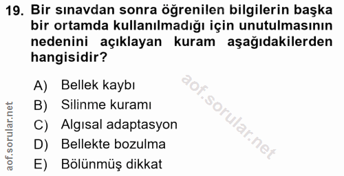 19. soru: Bir sınavdan sonra öğrenilen bilgilerin başka bir ortamda kullanılmadığı için unutulmasının nedenini açıklayan kuram…