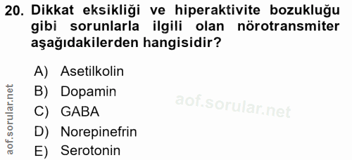20. soru: Dikkat eksikliği ve hiperaktivite bozukluğu gibi sorunlarla ilgili olan nörotransmiter aşağıdakilerden hangisidir? A)…