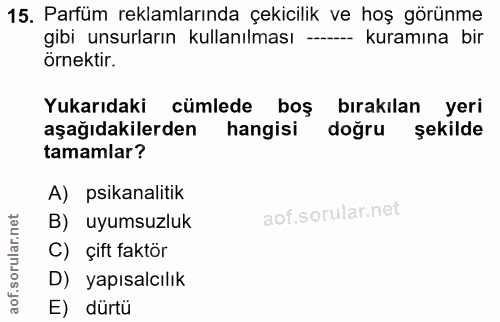 15. soru: Parfüm reklamlarında çekicilik ve hoş görünme gibi unsurların kullanılması --- kuramına bir örnektir. Yukarıdaki cüml…
