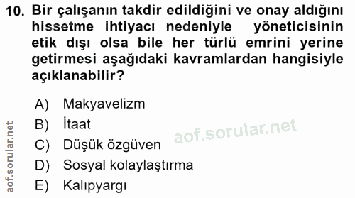 10. soru: Bir çalışanın takdir edildiğini ve onay aldığını hissetme ihtiyacı nedeniyle yöneticisinin etik dışı olsa bile her tü…