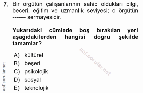 7. soru: Bir örgütün çalışanlarının sahip oldukları bilgi, beceri, eğitim ve uzmanlık seviyesi; o örgütün -- sermayesidir. Yuk…