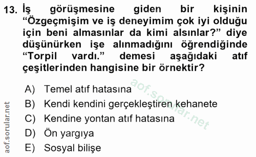 13. soru: İş görüşmesine giden bir kişinin "Özgeçmişim ve iş deneyimim çok iyi olduğu için beni almasınlar da kimi alsınlar?" d…