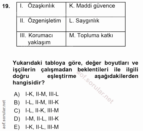 19. soru: Özaşkınlık K. Maddi güvence II. Özgenişletim L. Saygınlık III. Korumacı M. Topluma katkı yaklaşım Yukarıdaki tabloya…