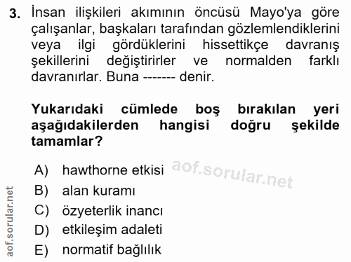 3. soru: İnsan ilişkileri akımının öncüsü Mayo'ya göre çalışanlar, başkaları tarafından gözlemlendiklerini veya ilgi gördükler…