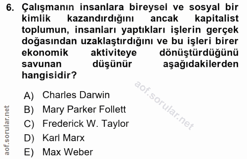 6. soru: Çalışmanın insanlara bireysel ve sosyal bir kimlik kazandırdığını ancak kapitalist toplumun, insanları yaptıkları işl…