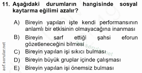 11. soru: Aşağıdaki durumların hangisinde sosyal kaytarma eğilimi azalır? A) Bireyin yapılan işte kendi performansının anlamlı…