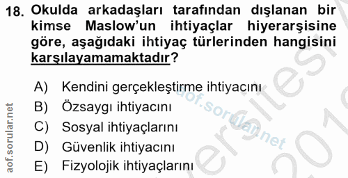 18. soru: Okulda arkadaşları tarafından dışlanan bir kimse Maslow'un ihtiyaçlar hiyerarşisine göre, aşağıdaki ihtiyaç türlerind…