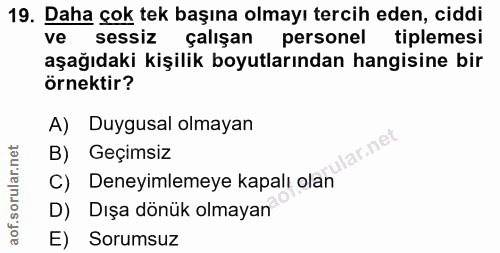 19. soru: Daha çok tek başına olmayı tercih eden, ciddi ve sessiz çalışan personel tiplemesi aşağıdaki kişilik boyutlarından ha…