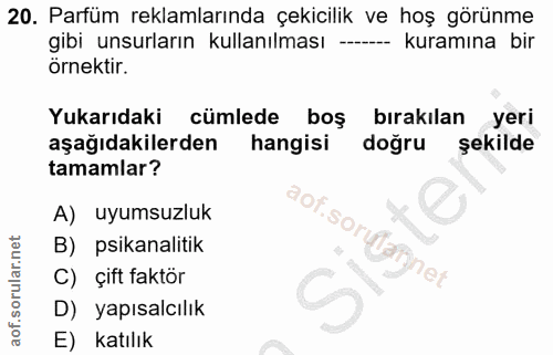 20. soru: Parfüm reklamlarında çekicilik ve hoş görünme gibi unsurların kullanılması --- kuramına bir örnektir. Yukarıdaki cüml…