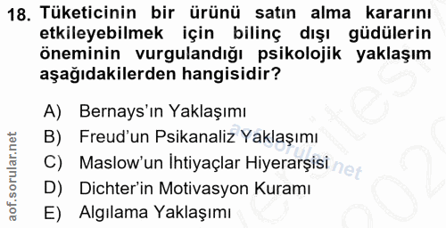 18. soru: Tüketicinin bir ürünü satın alma kararını etkileyebilmek için bilinç dışı güdülerin öneminin vurgulandığı psikolojik…