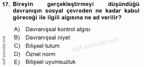 17. soru: Bireyin gerçekleştirmeyi düşündüğü davranışın sosyal çevreden ne kadar kabul göreceği ile ilgili algısına ne ad veril…