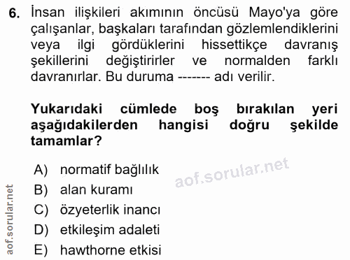 6. soru: Insan ilişkileri akımının öncüsü Mayo'ya göre çalışanlar, başkaları tarafından gözlemlendiklerini veya ilgi gördükler…