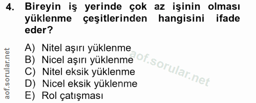 4. soru: Bireyin iş yerinde çok az işinin olması yüklenme çeşitlerinden hangisini ifade eder? B) Nicel aşını yüklenme Ot sorul…