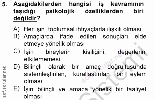 5. soru: Aşağıdakilerden hangisi iş kavramının taşıdığı psikolojik özelliklerden biri değildir? A) Her işin toplumsal ihtiyaçl…