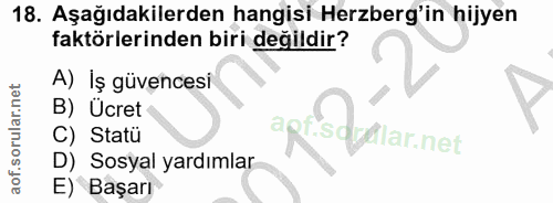 18. soru: Aşağıdakilerden hangisi Herzberg'in hijyen faktörlerinden biri değildir? A) İş güvencesi B) Ücret aprsoyala.net C) St…