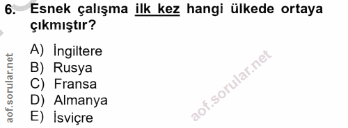 6. soru: Esnek çalışma ilk kez hangi ülkede ortaya çıkmıştır? A) Ingiltere B) Rusya C) Fransa D) Almanya E) Isviçre