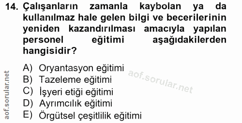 14. soru: Çalışanların zamanla kaybolan ya da kullanılmaz hale gelen bilgi ve becerilerinin yeniden kazandırılması amacıyla yap…