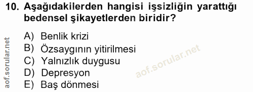 10. soru: Aşağıdakilerden hangisi işsizliğin yarattığı bedensel şikayetlerden biridir? A) Benlik krizi B) Özsaygının yitirilmes…