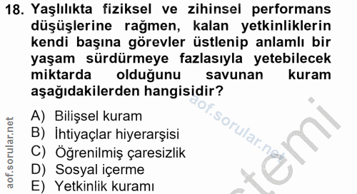 18. soru: Yaşlılıkta fiziksel ve zihinsel performans düşüşlerine rağmen, kalan yetkinliklerin kendi başına görevler üstlenip an…