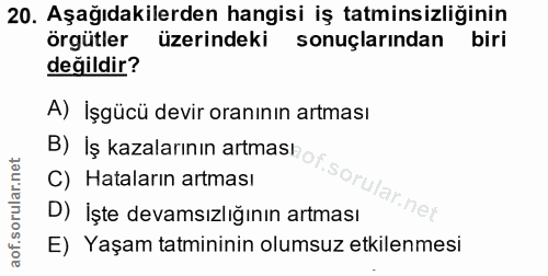 20. soru: Aşağıdakilerden hangisi iş tatminsizliğinin örgütler üzerindeki sonuçlarından biri değildir? B) Iş kazalarının artmas…