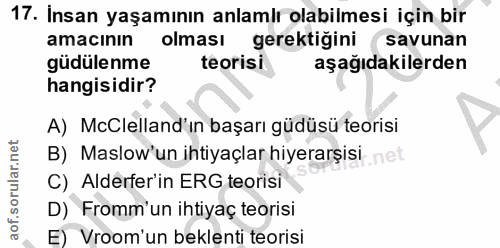 17. soru: İnsan yaşamının anlamlı olabilmesi için bir amacının olması gerektiğini savunan güdülenme teorisi aşağıdakilerden han…