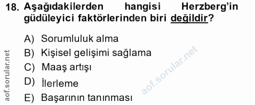18. soru: Aşağıdakilerden hangisi Herzberg'in güdüleyici faktörlerinden biri değildir? A) Sorumluluk alma B) Kişisel gelişimi s…