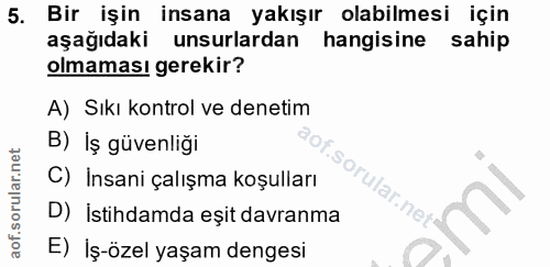 5. soru: Bir işin insana yakışır olabilmesi için aşağıdaki unsurlardan hangisine sahip olmaması gerekir? A) Sıkı kontrol ve de…