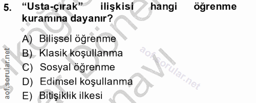 5. soru: "Usta-çirak" ilişkisi hangi öğrenme kuramına dayanır? A) Bilişsel ögrenme B). Klasik koşullanma C) Sosyal öğrenme ula…