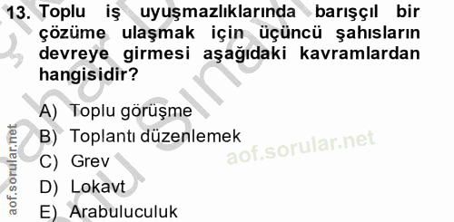 13. soru: Toplu iş uyuşmazlıklarında barışçıl bir çözüme ulaşmak için üçüncü şahısların devreye girmesi aşağıdaki kavramlardan…