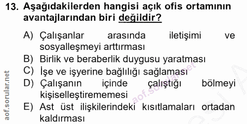 13. soru: Aşağıdakilerden hangisi açık ofis ortamının avantajlarından biri değildir? A) Çalışanlar arasında iletişimi ve sosyal…