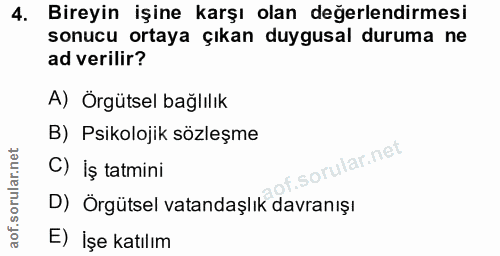 4. soru: Bireyin işine karşı olan değerlendirmesi sonucu ortaya çıkan duygusal duruma ne ad verilir? A) Örgütsel bağlılık B) P…