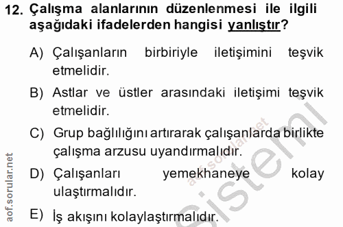 12. soru: Çalışma alanlarının düzenlenmesi ile ilgili aşağıdaki ifadelerden hangisi yanlıştır? A) Çalışanların birbiriyle ileti…