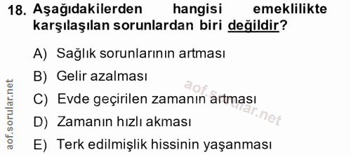 18. soru: Aşağıdakilerden hangisi emeklilikte karşılaşılan sorunlardan biri değildir? A) Sağlık sorunlarının artması B) Gelir a…