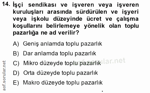 14. soru: İşçi sendikası ve işveren veya işveren kuruluşları arasında sürdürülen ve işyeri veya işkolu düzeyinde ücret ve çalış…